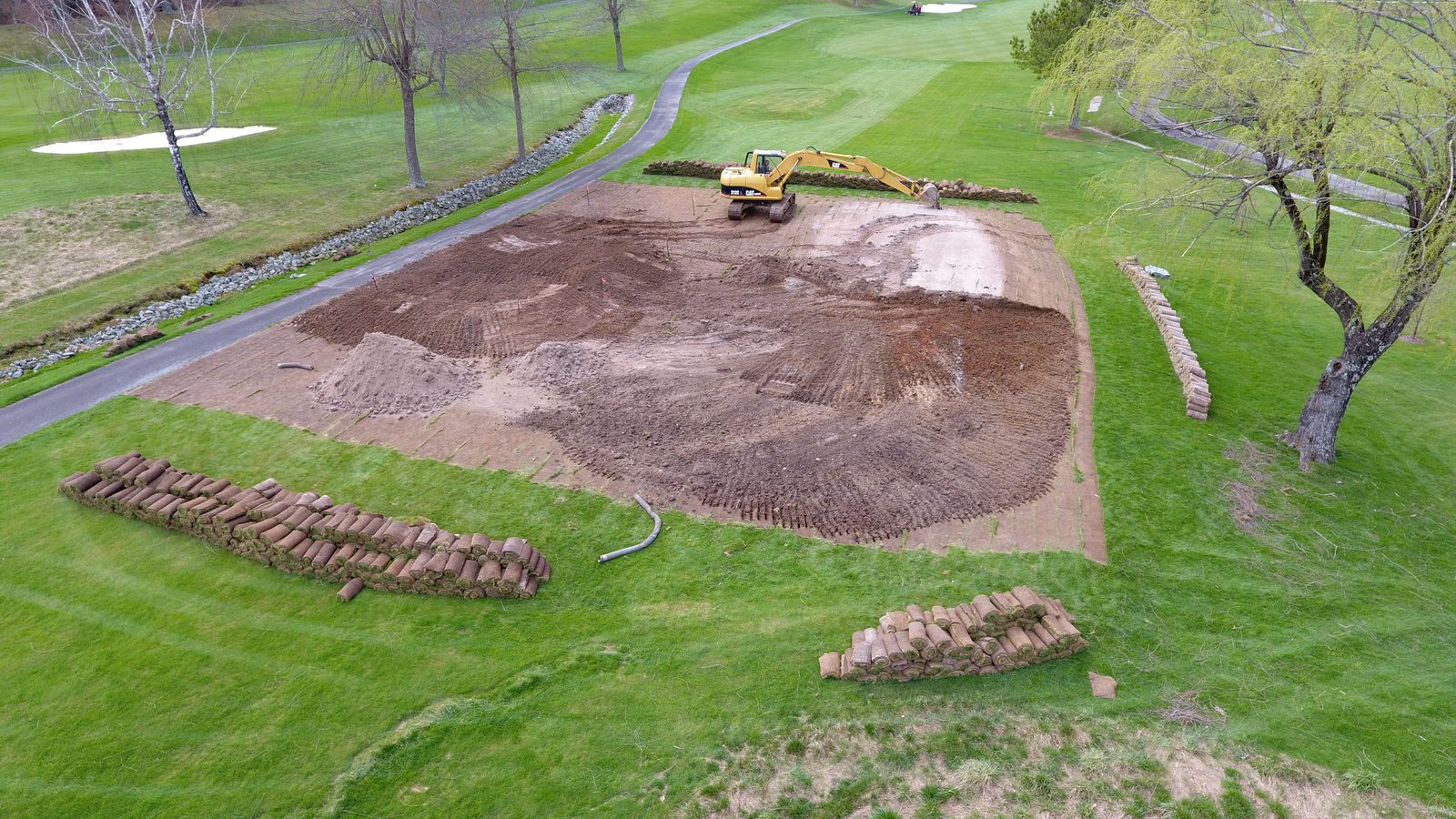 Aerial view of tee box renovation earthwork