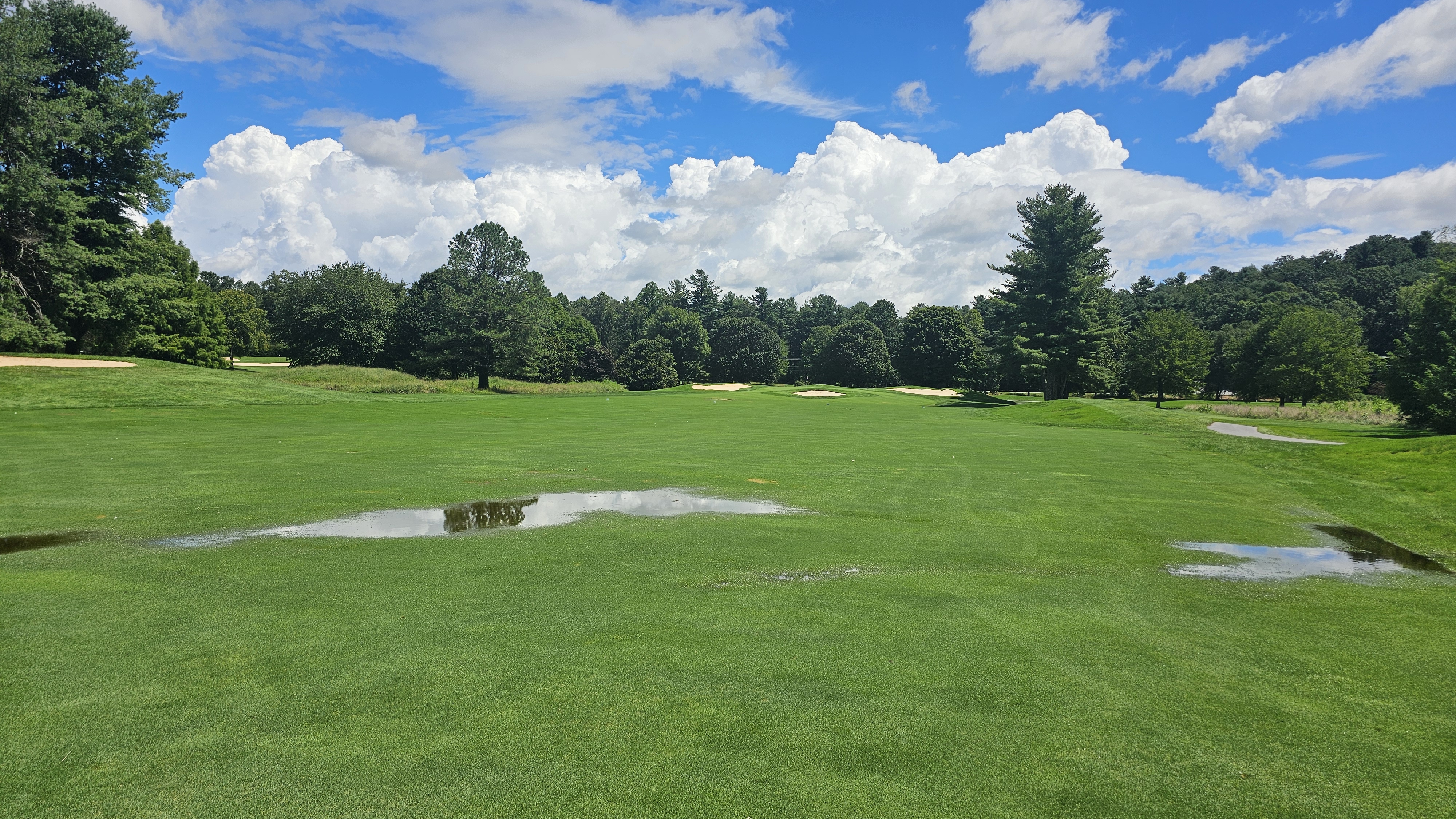 Golf fairway with standing water after summer rain beneath bright clouds.